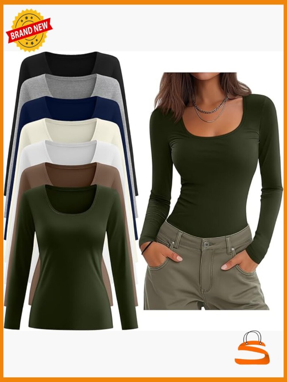 7 Pack Long Sleeve Scoop Neck Tops Slim Fit Undershirt Layering T-Shirts